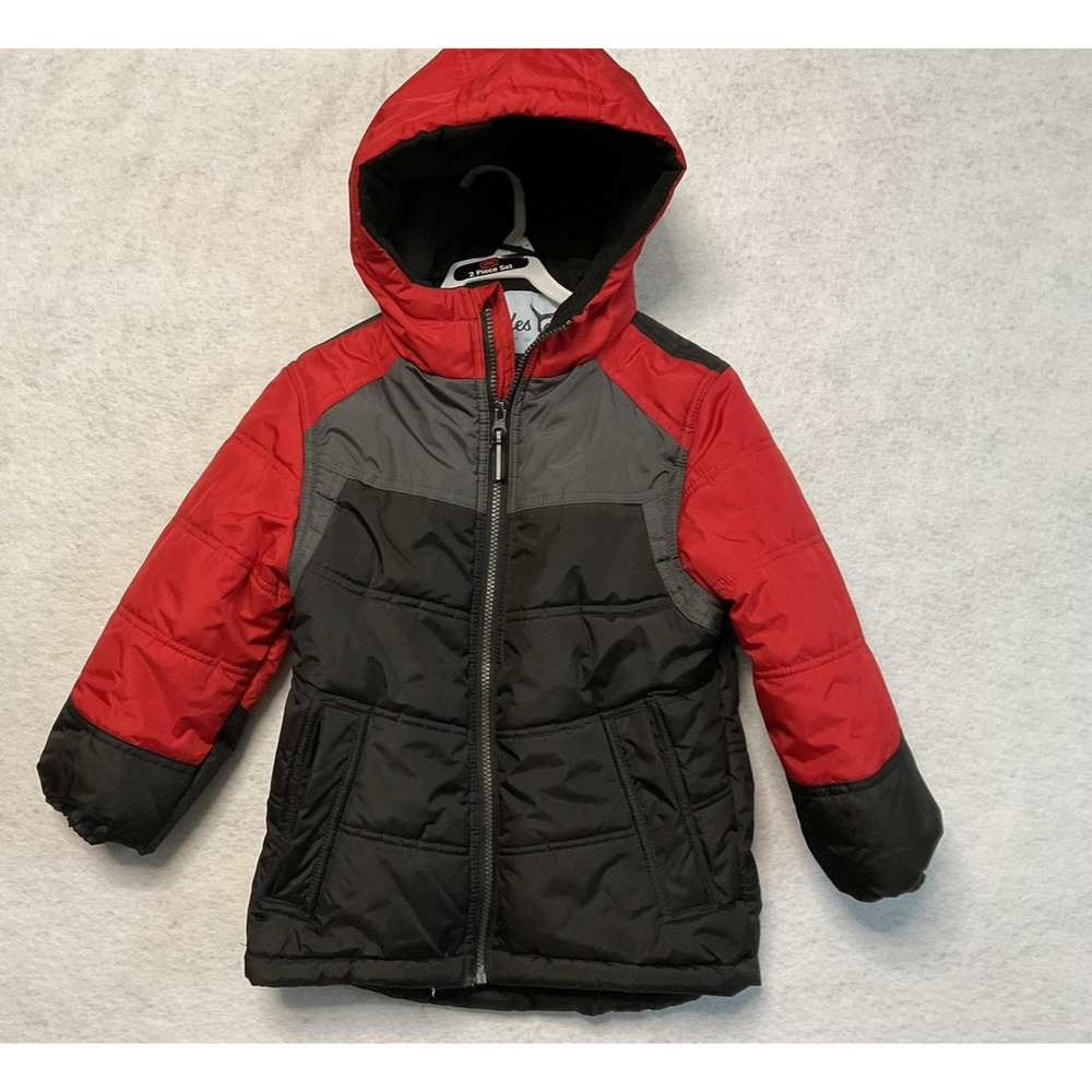 Whales Tail Outerwear Jacket Boys 7 Red Gray Black Hooded Fleece Lined Puffer